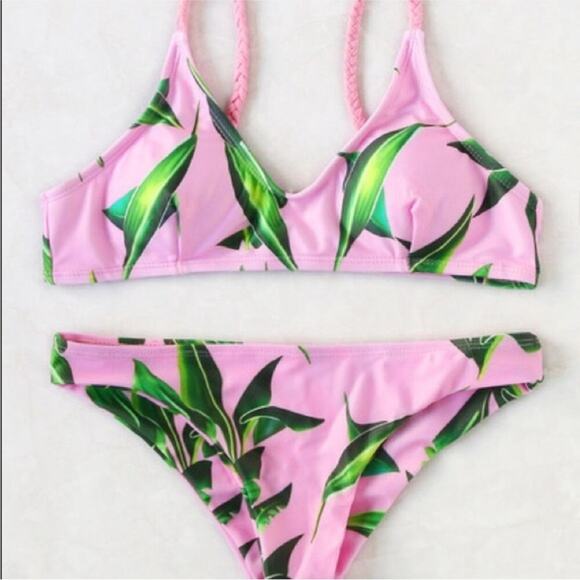 Pink Women’s Bikini Leaf Print Braided Detail Swimsuit Size L - Picture 2 of 4